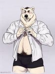 anthro barazoku belly_hair black_boxer_briefs black_clothing black_underwear blush body_hair boxer_briefs brown_hair bulge chest_hair clothing collared_shirt dress_shirt dressing front_view frown grey_background greying_hair hair hairy happy_trail male manly mature_male muscular muscular_legs muscular_thighs scowl shirt simple_background slightly_chubby solo topwear underwear white_clothing white_shirt white_topwear allmand52 bear mammal polar_bear ursine 2024 hi_res