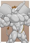 anthro balls big_balls big_biceps big_muscles big_pecs big_penis brown_hair brown_pubes brown_tail_tuft erection eyes_closed flexing flexing_muscles genital_piercing genitals grey_body hair male muscular muscular_male nipples pecs penis penis_chain penis_piercing piercing proboscis_(anatomy) pubes solo tail tail_tuft trunk_(anatomy) tuft tusks vein veiny_penis shinobiya elephant elephantid mammal proboscidean absurd_res hi_res