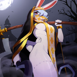 3_arms anthro breasts clothed clothing female fur hand_on_hip melee_weapon multi_arm multi_limb no_underwear nun nun_habit polearm red_eyes religious_clothing scythe shawl side_boob skimpy solo surgical_suture tail under_boob weapon white_body white_fur conditional_dnp pudgeruffian lagomorph leporid mammal rabbit 1:1 2023 absurd_res hi_res