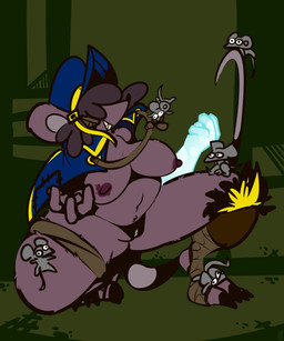 anthro anthro_focus balls big_breasts big_nipples black_claws black_clothing black_panties black_underwear blue_cape blue_clothing blue_hat blue_headwear breasts cape claws clothing feet female female_focus foot_wraps front_view fur genitals grey_balls grey_body grey_fur grey_penis grin group hair hair_over_eyes hat headgear headwear huge_thighs kneeling leg_wraps male nipples obscured_eyes on_one_knee panties penis purple_body purple_fur purple_nipples sharp_teeth smile solo_focus teeth thick_thighs toe_claws underwear wraps thefablednekos urszuli_(thefablednekos) mammal murid murine rat rodent 2022 5:6 absurd_res dated digital_media_(artwork) hi_res