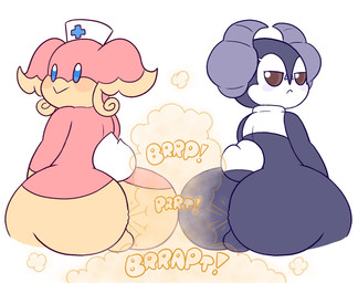 2_horns :< :> anthro backsack balls beady_eyes big_butt black_body blue_eyes bottom_heavy brown_eyes bubble_butt butt clothing duo fart fart_cloud fart_fetish farting_at_viewer farting_together femboy frown frowning_at_viewer genitals hat headgear headwear horn huge_butt male multicolored_body nurse_clothing nurse_hat nurse_headwear pink_body pokemorph short_tail shortstack shortstack_male simple_background sitting smile smiling_at_viewer tail tan_body two_tone_body white_background wide_hips yellow_fart_cloud drawful-s nintendo pokemon audino bovid bovine generation_5_pokemon generation_8_pokemon indeedee mammal pokemon_(species) 2019 digital_drawing_(artwork) digital_media_(artwork) hi_res