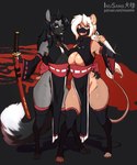 anthro armwear black_hair black_nose breast_size_difference breast_squish breasts clothed clothing duo female hair katana kunai legwear looking_at_viewer mask melee_weapon nipples squish sword text weapon wide_hips inu-sama kiruki sakiko_(fishymenace) canid canine felid feline mammal 2022 digital_media_(artwork) hi_res url