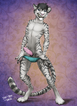 4_toes 5_fingers anthro biped black_body black_fur black_hair black_stripes black_tail blue_eyes claws clothed clothing clothing_pull digitigrade ear_piercing erection feet fingers front_view fur genitals grin hair industrial_piercing leucistic long_tail looking_at_viewer male markings multicolored_body multicolored_fur partially_clothed pattern_background penis piercing pink_nose presenting presenting_penis simple_background smile solo standing striped_body striped_fur striped_markings striped_tail stripes tail tail_markings teeth toes two_tone_body two_tone_fur two_tone_tail underwear underwear_pull whiskers white_body white_fur white_tail jakthedrox sayuncle codytiger felid mammal pantherine tiger 2015 artist_collaboration digital_media_(artwork) full-length_portrait hi_res portrait signature