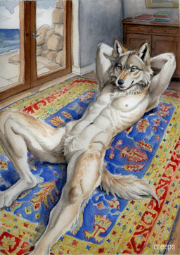abs anthro athletic athletic_male black_nose book cheek_tuft crotch_tuft detailed_background facial_tuft featureless_crotch fur grey_body grey_fur hands_behind_head inner_ear_fluff inside looking_at_viewer lying male navel nipples nude on_back on_ground pink_nipples realistic realistic_anatomy realistic_anthro realistic_fur realistic_lighting realistic_shading rug solo tuft white_body white_fur creeps canid canine canis mammal wolf 2024 painting_(artwork) traditional_media_(artwork) watercolor_(artwork)