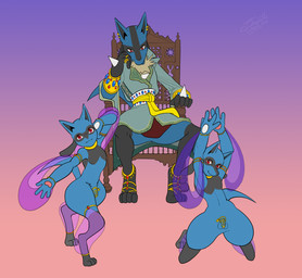 4_fingers 4_toes adolescent anthro balls black_hair black_legs black_markings blue_body blue_fur bottomless chair chastity_cage chastity_device clothed clothing ear_piercing facial_markings feet fingers fur fur_markings furniture genitals gold_(metal) gold_chastity_cage gold_chastity_device gold_jewelry group hair harem_boy harem_jewelry harem_outfit head_markings jewelry king kneeling looking_at_viewer male male/male markings mostly_nude narrowed_eyes navel neck_tuft nipples pawpads penis piercing red_eyes royalty seductive slave small_balls small_penis throne toes tuft unsupported_chastity_cage yellow_body yellow_fur young sofi_harper nintendo pokemon generation_4_pokemon lucario pokemon_(species) riolu absurd_res hi_res