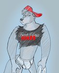 anthro black_clothing black_nose black_shirt black_tank_top black_topwear briefs bulge clothing fur grey_body grey_eyes grey_fur half-closed_eyes holding_object male monotone_briefs monotone_clothing monotone_underwear narrowed_eyes red_baseball_cap shirt solo tank_top text tighty_whities topwear underwear white_body white_briefs white_clothing white_fur white_underwear foxmanad canid canine mammal himbo english_text hi_res sketch