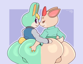 anthro asian_clothing backsack balls bedroom_eyes big_butt blonde_hair blue_background blue_border border bottom_heavy bottomless butt butt_grab clothed clothing crossgender dipstick_ears dipstick_tail duo ear_markings east_asian_clothing eyebrows eyelashes femboy ftm_crossgender fur genitals green_body green_clothing green_fur green_topwear grey_eyes hair half-closed_eyes hand_on_butt horn huge_butt huge_hips huge_thighs intersex intersex/male jacket looking_at_viewer looking_back looking_back_at_viewer male male/male markings multicolored_ears narrowed_eyes orange_eyes orange_inner_ear pink_inner_ear pink_nose rear_view red_horn seductive simple_background smile standing tail tail_markings tan_body tan_fur text thick_thighs topwear topwear_only wide_hips yellow_eyes yellow_nose frumples animal_crossing nintendo sasha_(animal_crossing) shino_(animal_crossing) deer lagomorph leporid mammal rabbit 2021 artist_name dated digital_drawing_(artwork) digital_media_(artwork) portrait shaded three-quarter_portrait