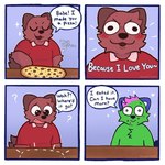 anthro black_nose brown_body brown_fur cheek_tuft clothing duo facial_tuft food fur green_body green_fur male pizza question_mark red_clothing red_shirt red_topwear shirt smile sparklefur speech_bubble tail text topwear tuft ohmygoditguppy don't_touch_my_pizza_(meme) kevin_(nyanwolf) william_(ohmygoditguppy) canid canine canis domestic_cat domestic_dog felid feline felis mammal 2025 comic english_description english_text meme