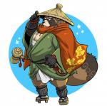 anthro asian_clothing belly brown_body brown_fur clothing east_asian_clothing fundoshi fur humanoid_hands japanese_clothing leaf male overweight overweight_anthro overweight_male robe scar simple_background solo tattoo underwear kurumiken lifewonders tokyo_afterschool_summoners gyobu_(tas) canid canine mammal raccoon_dog tanuki 2019 hi_res