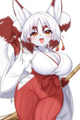 5_fingers anthro asian_clothing big_breasts bottomwear breasts broom cleaning_tool clothing dipstick_ears dipstick_tail ear_markings east_asian_clothing female female_anthro fingers fox_hand_gesture fur gloves_(marking) hair hakama highlights_(coloring) japanese_clothing kemono markings miko_outfit multicolored_ears open_mouth red_clothing red_ear_tips red_highlights red_ribbon red_tail_tip simple_background smile solo tail tail_markings white_background white_body white_clothing white_ears white_fur white_hair white_tail yellow_eyes horokusa0519 canid canine fox mammal 2025 hi_res