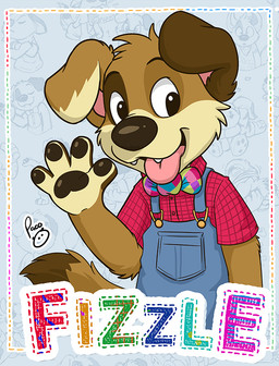 anthro blue_clothing blue_overalls brown_body brown_fur cheek_tuft clothed clothing facial_tuft fangs floppy_ears front_view fur gesture glistening glistening_eyes logo looking_at_viewer male male_anthro open_mouth open_smile overalls pink_inner_ear pink_tongue red_clothing red_topwear smile solo tan_body tan_fur teeth tongue topwear tuft waving waving_at_viewer young young_anthro young_male pandapaco fizzle canid canine canis domestic_dog mammal artist_logo signature