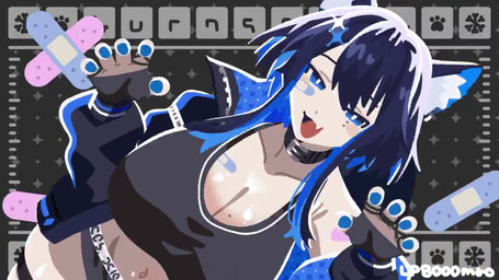 band-aid bandage bandage_on_face blue_hair bouncing_breasts breasts cleavage clothed clothing crop_top female gloves hair handwear jacket long_hair markings mole_(marking) mole_on_breast shirt smile snaggle_tooth tail tail_motion tailwag topwear underwear lp8000mao animal_humanoid canid canid_humanoid canine canine_humanoid dog_humanoid humanoid mammal mammal_humanoid 16:9 2d_animation animated motion_tweening no_sound short_playtime video widescreen