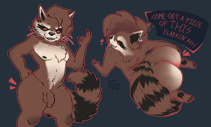 4_fingers anthro balls big_butt black_claws black_nipples black_nose black_stripes brown_body brown_fur brown_hair butt cheek_tuft chest_tuft claws dialogue ear_piercing exclamation_point facial_tuft fingers fur genitals hair half-closed_eyes heart_symbol humanoid_genitalia humanoid_penis inner_ear_fluff male markings mismatched_genitalia mismatched_humanoid_penis mismatched_penis mohawk narrowed_eyes nipples nude_anthro nude_male penis piercing red_eyes sharp_teeth simple_background small_penis solo speech_bubble striped_markings striped_tail stripes tail tail_markings teeth text tuft whiskers lunoversia guardians_of_the_galaxy marvel marvel_rivals rocket_raccoon mammal procyonid raccoon 2025 digital_drawing_(artwork) digital_media_(artwork) english_description english_text hi_res