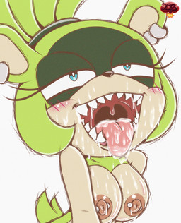 anthro areola blue_eyes blush bodily_fluids breasts cum cum_drip cum_from_mouth cum_in_mouth cum_inside cum_on_breasts cum_on_face cum_on_tongue cum_string dripping ear_piercing ear_ring female fur genital_fluids green_body hair half-closed_eyes narrowed_eyes nipple_piercing nipples open_mouth piercing ring_piercing sharp_teeth simple_background solo teeth tongue tongue_out ladycherrybomba idw_publishing sega sonic_the_hedgehog_(comics) sonic_the_hedgehog_(idw) sonic_the_hedgehog_(series) surge_the_tenrec afrosoricid mammal tenrec digital_media_(artwork) hi_res sketch