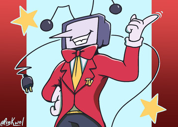 antennae_(anatomy) big_nose bottomwear bow_tie clothing cord_tail electronics gesture gloves hand_gesture hand_on_hip handwear male necktie not_furry pants pointing pointing_up red_bow_tie red_clothing red_suit smile solo star suit teeth television white_clothing white_gloves white_handwear white_undershirt psykwol deltarune undertale_(series) tenna_(deltarune) humanoid