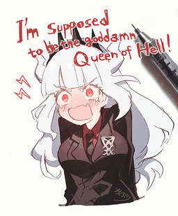 accessory big_breasts bodily_fluids breasts business_suit clothing crying female hair headband horn long_hair markings mole_(marking) necktie not_furry occult_symbol open_mouth pen profanity red_eyes shirt sigil sigil_of_lucifer simple_background solo suit symbol tears text topwear white_background white_body white_hair white_horn white_skin sofra helltaker lucifer_(helltaker) demon demon_humanoid humanoid english_text hi_res signature