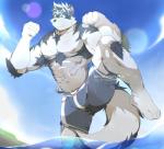 accessory anthro beach belt bottomwear clothing fur headband male multicolored_body multicolored_fur muscular muscular_anthro muscular_male nipples pecs seaside shorts solo swimwear water white_body white_fur chaseskyver skyverchase lifewonders tokyo_afterschool_summoners horkeu_kamui_(tas) canid canine canis mammal wolf 2019