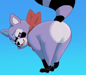 anthro bedroom_eyes bent_over blue_background butt fur kerchief looking_at_viewer looking_back male narrowed_eyes neckerchief neckwear nude null presenting presenting_hindquarters purple_body purple_fur raised_tail seductive simple_background solo tail teasing cashart indigo_park rambley_raccoon mammal procyonid raccoon hi_res