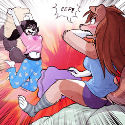 anthro blush blush_lines clothing crotch_lines duo eyelashes female footwear freckled_arms freckles hair long_eyelashes open_mouth pajamas pillow tail toeless_footwear tongue tongue_out scottyartz chloe_(abananaman) lucie_(camperschaf) border_collie canid canine canis collie domestic_dog herding_dog mammal pastoral_dog sheepdog 1:1 2021 absurd_res hi_res