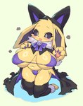 anthro big_breasts blush breasts clothed clothing costume curvy_figure female fur hat headgear headwear holidays huge_breasts simple_background solo voluptuous yellow_body yellow_fur rikose halloween nintendo pokemon eeveelution generation_1_pokemon jolteon mammal pokemon_(species) hi_res