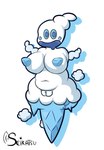2023 absurd_res armless big_breasts blue_cheeks blue_eyes blue_sclera bodily_fluids breasts cloud cold colored dessert drooling female floating food generation_5_pokemon genitals hi_res humanoid ice ice_cream legless looking_at_viewer naturally_censored navel nintendo open_mouth pokemon pokemon_(species) pussy saliva seikatsueclipse shaded shadow signature simple_background slightly_chubby solo thick_thighs vanillish white_background white_body