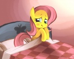 bed bedding blanket blush embarrassed female feral fur furniture green_eyes hair looking_at_viewer pillow pink_hair simple_background solo tail wood yellow_body karzahnii friendship_is_magic hasbro my_little_pony fluttershy_(mlp) equid equine horse mammal pony