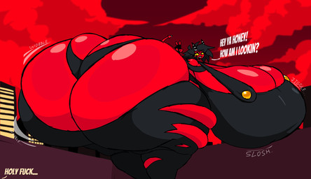 big_breasts big_butt black_bottomwear black_clothing black_eyes black_hair black_horn black_lips black_mouth black_overalls black_pants black_thong black_underwear bottomwear breasts building butt clothing dialogue eyelashes female gesture hair hand_gesture horn huge_breasts huge_butt huge_thighs hyper hyper_breasts hyper_butt hyper_thighs lips looking_back markings mole_(marking) motion_lines not_furry onomatopoeia open_mouth open_smile outside overalls pants profanity red_body red_clouds red_skin red_sky red_tail sky slosh sloshing_breasts smile solo sound_effects spade_tail striped_horn stripes tail talking_to_another teeth text thick_thighs thong tight_clothing torn_bottomwear torn_clothing torn_pants underwear v_sign white_horn yellow_sclera gutka hellaverse helluva_boss millie_(helluva_boss) demon humanoid imp 2026 cel_shading colored digital_media_(artwork) english_text hi_res shaded