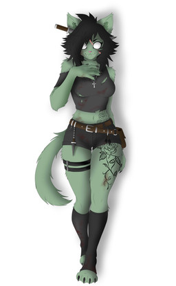 4_toes 5_fingers anthro black_claws black_fingernails black_hair black_nails black_toe_claws blood blood_on_clothing bodily_fluids christian_cross christian_symbol claws clothing colored_nails cross cross_necklace facial_scar fangs feet female fingernails fingers front_view fur green_body green_ears green_fur green_inner_ear green_inner_ear_fluff green_tail hair inner_ear_fluff jewelry knife knife_in_head nails necklace no_pupils pink_nose religion religious_symbol scar sharp_fingernails sharp_nails simple_background smile solo tail tattoo teeth toe_claws toes torn_clothing tuft white_background caucau123 christianity khaela felid feline mammal undead zombie absurd_res full-length_portrait hi_res portrait