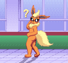 anthro anthrofied blush female fur hair inside looking_at_viewer nude orange_body orange_fur pokemorph question_mark sky solo zeka10000 nintendo pokemon eeveelution flareon generation_1_pokemon pokemon_(species) digital_media_(artwork) pixel_(artwork)
