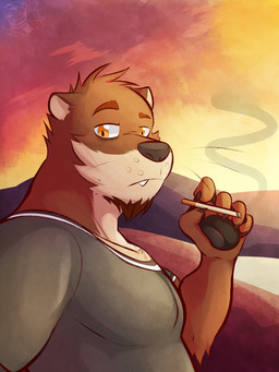 5_fingers anthro athletic athletic_male black_clothing black_pawpads black_shirt black_t-shirt black_topwear bored brown_body brown_fur brown_nose cigarette claws clothing dusk facial_hair fingers fur goatee head_turned holding_cigarette holding_object indifferent lake looking_at_viewer male mountain orange_eyes outside pawpads raised_arm red_sky sad shirt side_view sky smoke smoking solo standing sun t-shirt teeth_showing text topwear waiting whisker_spots whiskers ventkazemaru echo_(game) echo_(series) echo_project chase_hunter mammal mustelid otter 2023 artist_name hi_res portrait watermark