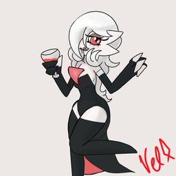 3_fingers armwear black_eyeshadow black_lipstick breasts cleavage clothed clothing elbow_gloves elegant_dress eyeshadow fangs featureless_feet feet female fingers gloves hair hair_over_eye handwear holding_glass holding_object lipstick long_hair looking_at_viewer makeup not_furry one_eye_obstructed raised_leg simple_background solo teeth white_background white_hair lynofdeath nintendo pokemon zonatta_(lynofdeath) gardevoir generation_3_pokemon humanoid pokemon_(species) vampire 1:1 2022 signature