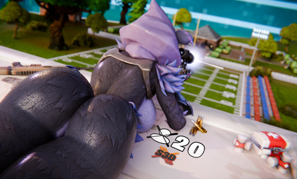 anthro bodily_fluids breast_rest breasts butt cloak clothing dark_body dark_fur female fur glistening glistening_body gun hood lying on_front purple_body purple_fur ranged_weapon rear_view rifle scruffy shadow_face shooting sniper_rifle soaked solo sweat weapon shachath3d epic_games fortnite raven_team_leader bear mammal 3d_(artwork) absurd_res digital_media_(artwork) hi_res