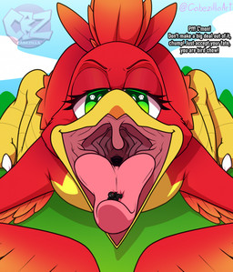 anthro beak duo feathers female green_eyes lying macro male male/female micro micro_on_macro mouth_shot on_front open_mouth red_body red_feathers size_difference solo teasing tongue uvula vore vore_implied cabezilla banjo-kazooie rareware jack_(jaru0) kazooie avian bird breegull demon humanoid hi_res