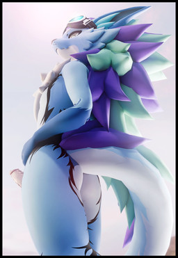 anthro aviator_glasses black_markings blue_body blue_fur blue_hair butt eyewear fur genitals glasses hair looking_at_viewer male mane markings multicolored_body nude penis purple_hair scaled_penis simple_background solo tail tuft white_body white_fur lill_esp novabeast absurd_res blender_(artwork) digital_media_(artwork) hi_res