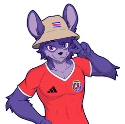 anthro clothing fur gesture hair hand_gesture hat headgear headwear looking_at_viewer male purple_body purple_eyes purple_fur purple_hair red_clothing red_shirt red_topwear sharp_teeth shirt smile soccer_jersey solo teeth toned_body topwear v_sign gakineko lagomorph leporid mammal rabbit