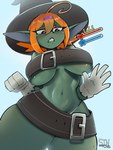 belt belt_bra belted_breasts biped blush breasts clothed clothing female green_body green_skin hair hat headgear headwear humanoid_pointy_ears magic_user not_furry pointy_ears pupils solo thick_thighs witch witch_hat sinamoncake1 goblin 3:4 hi_res