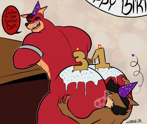 anthro bedroom_eyes big_butt birthday butt butt_grab candle clothing duo frosting hand_on_butt hat headgear headwear heart_symbol huge_butt looking_back looking_pleasured male male/male male_rimming_male narrowed_eyes open_mouth open_smile party_hat saliva_on_butt seductive sharp_teeth smile speech_bubble teeth thick_thighs zackdadawg activision crash_bandicoot_(series) crunch_bandicoot bandicoot canid canine canis mammal marsupial wolf hi_res