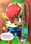 4_fingers anthro blue_eyes breasts brown_body brown_fur fangs female fingers fur hair half-closed_eyes looking_at_viewer narrowed_eyes red_hair ring solo teeth text jumpjump archie_comics sega sonic_the_hedgehog_(archie) sonic_the_hedgehog_(comics) sonic_the_hedgehog_(series) sally_acorn chipmunk ground_squirrel hybrid mammal rodent sciurid absurd_res english_text hi_res