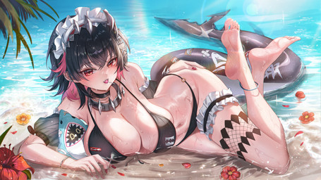 accessory beach big_breasts bikini black_bikini black_choker black_clothing black_hair black_jewelry black_necklace black_swimwear breasts choker clothing collar colored_nails feet female fish_tail flower hair hair_accessory hairclip hand_on_hip jewelry leg_ring lollipop_in_mouth looking_at_viewer lying_on_ground maid_headdress nails necklace o-ring_bikini on_ground outside partially_submerged plant plushie red_eyes red_flower red_nails sand sea shark_tail sharp_teeth short_hair soles solo spiked_collar spikes swimwear tail teeth two-piece_swimsuit water wet wet_body starlip mihoyo zenless_zone_zero ellen_joe sharkboo animal_humanoid fish fish_humanoid humanoid marine marine_humanoid shark_humanoid tailed_humanoid thiren 16:9 absurd_res digital_drawing_(artwork) digital_media_(artwork) hi_res widescreen