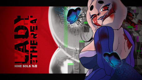 anthro big_breasts black_border black_nose blood blood_on_face blue_clothing blue_dress blue_eyeshadow blue_lipstick bodily_fluids border breasts clothing dress eyelashes eyeshadow female fur lipstick looking_at_viewer looking_back looking_back_at_viewer makeup pink_body pink_fur pupils rear_view red_eyes slit_pupils smile solo text wenux0509 nine_sols red_candle_games lady_ethereal_(nine_sols) felid feline mammal solarian 16:9 4k absurd_res hi_res widescreen