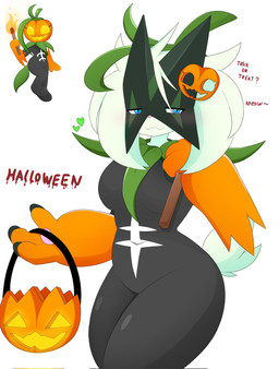 accessory anthro big_breasts black_body blue_eyes breasts clothed clothing cosplay dialogue duo female food fruit fur green_body green_fur hair_accessory holidays jack-o'-lantern looking_at_viewer mask plant pumpkin simple_background smile smiling_at_viewer text thick_thighs torch trick-or-treating wearing_mask white_background wide_hips yellow_eyes nakachidragon halloween nintendo pokemon mossy_(naka) pumpky_(naka) generation_9_pokemon mammal meowscarada pokemon_(species) 2025 digital_media_(artwork) english_text hi_res reference_image