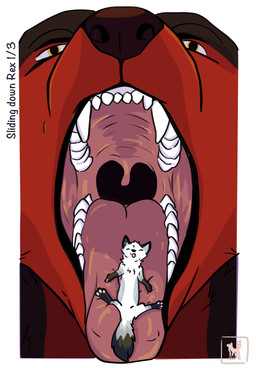 anthro arcticspacefox duo feral feral_prey fur larger_pred macro male male/male micro mouth_shot on_tongue open_mouth red_body rexdobermann simple_background size_difference soft_vore tongue uvula vore white_body white_fur willing_prey arctic_fox canid canine canis dobermann domestic_dog fox mammal pinscher true_fox hi_res