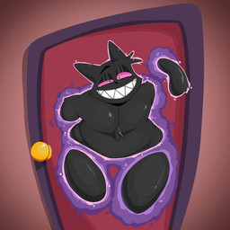 ambiguous_gender anthro black_body black_fur cheek_tuft chest_tuft facial_tuft fur grin grinning_at_viewer looking_at_viewer phasing phasing_through_door pink_eyes red_door sharp_teeth smile smiling_at_viewer solo teeth tuft talidrawing the_black_cat_(caudle) demon domestic_cat felid feline felis mammal 1:1 hi_res