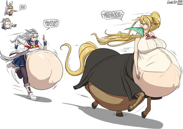 after_vore almost_fully_inside belly big_belly big_breasts blonde_hair breasts clothing female female_pred group hair huge_belly monster_girl_(genre) multiple_prey shirt simple_background speech_bubble split_form text topwear vore white_background white_clothing white_hair white_shirt white_topwear a0iisa cygames european_mythology greek_mythology monster_musume mythology uma_musume_pretty_derby centorea_shianus_(monster_musume) oguri_cap_(pretty_derby) aquatic centaur equid equid_taur equine horse humanoid humanoid_taur mammal mammal_taur merfolk taur 2026 hi_res