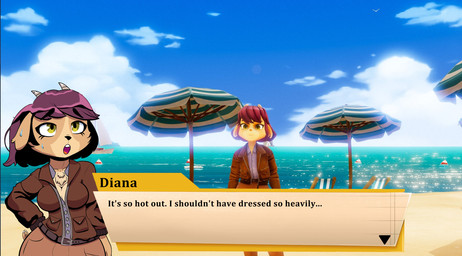 anthro beach bodily_fluids breasts brown_body brown_fur cheek_tuft chest_tuft cleavage clothed clothing collarbone curvy_figure eyelashes facial_tuft female fur green_eyes hair hand_on_hip horn jacket leather leather_clothing leather_jacket leather_topwear looking_up open_mouth purple_hair screencap screencap_background solo sweat sweatdrop text topwear tuft wide_hips cosmonaut diana_caproni_(on_your_tail) bovid caprine goat mammal english_text hi_res