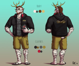 5_fingers 5_toes anthro antlers beard biped black_body black_fur bottomwear brown_eyes brown_hair clothed clothing color_swatch electronics eyewear facial_hair feet fingers flip_flops footwear fur furgonomics glasses gradient_background hair hand_on_hip headphones hoodie horn looking_at_viewer male multicolored_body multicolored_fur plantigrade sandals shoes shorts simple_background solo standing stripes tablet tablet_computer tail tail_clothing toes topwear two_tone_body two_tone_fur white_body white_fur rov league_of_legends riot_games tencent woteprgo deer felid hybrid mammal pantherine tiger 2015 digital_media_(artwork) model_sheet signature