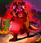 3_heads anthro anthro_pred belly big_belly biped bodily_noises chain digestion_noises face_imprint food fruit fully_inside green_text hand_imprint hand_on_belly hand_on_own_belly hands_on_own_belly holidays imprint male male_pred multi_head multiple_prey navel onomatopoeia organs plant pumpkin rumbling_stomach smile sound_effects stomach text unseen_prey vore vowelless vowelless_sound_effect wildside halloween wild_(wildside) hyena mammal 2023 artist_name dated digital_drawing_(artwork) digital_media_(artwork) english_text hi_res watermark