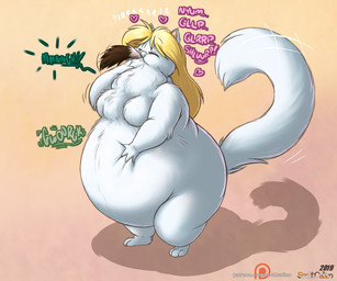 anthro belly belly_squish big_belly breasts duo featureless_breasts female female_pred hand_on_belly head_first huge_belly larger_female male male/female oral_vore overweight overweight_female purring rumbling_stomach simple_background size_difference smaller_male squish standing vore scott_calico scott_calico_(scottc) tevy_(scott_calico) domestic_cat felid feline felis mammal