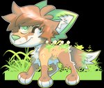 ambiguous_gender brown_body brown_fur brown_hair chibi digitigrade feral feral_with_hair flower fur grass green_ears green_eyes green_markings green_nose hair looking_at_viewer markings one_eye_closed outline paws plant plant_on_back smile snout solo standing tail white_body white_fur white_inner_ear wink winking_at_viewer jaspering canid canine canis mammal wolf 2020 alpha_channel digital_drawing_(artwork) digital_media_(artwork) full-length_portrait portrait shaded soft_shading