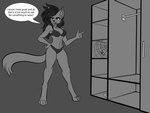 anthro ash_(chooper8) clothed clothing female hair long_hair long_tail partially_clothed solo speech_bubble standing tail text underwear wardrobe chooper8 unknown_species absurd_res english_text hi_res monochrome